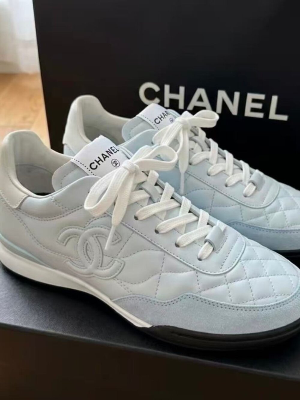 Chanel Light Blue Quilted CC Logo Sneakers Leather Suede Low Top Shoes